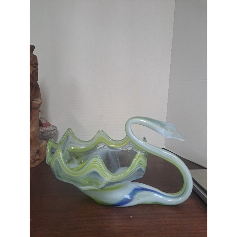 Mid-Century Murano Style Hand Blown White, Yellow, Blue Swirl Glass Swan Bowl